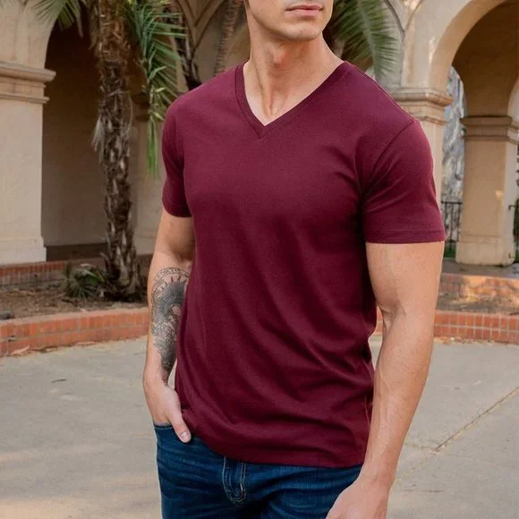 FRESH CLEAN TEES MEN'S SHORT SLEEVE V NECK COLOR: GARNET - Picture 2 of 6